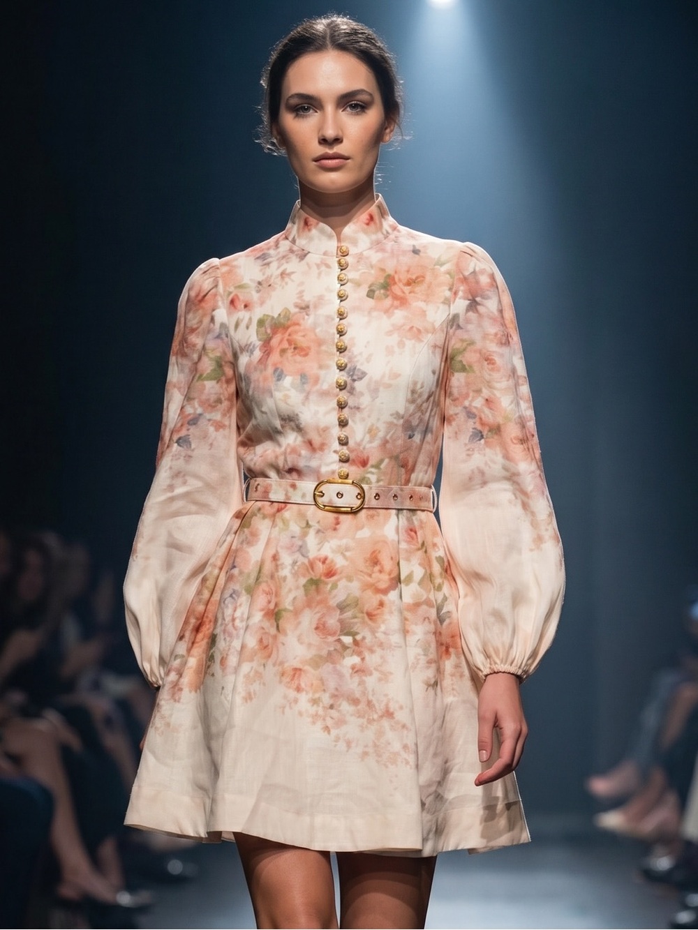 Floral Print Long-Sleeve Tea Dress in Blush Small